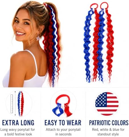 Red White Blue Curly Ponytail Extensions, 4th of July Fashion Color Curly Synthetic Ponytail With Rubber Band for Women & Teens Daily Festival Party Halloween Crazy Days Hair Pieces 2pcs/lot - Image 4