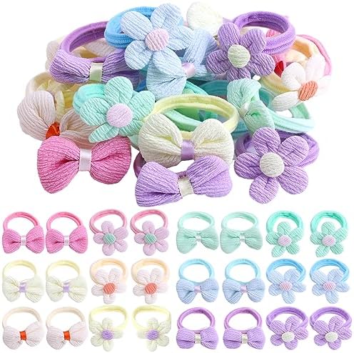 24 Pcs Toddler Hair Ties for Girls, Baby Hair Tie Cute Flower Elastic Scrunchies, Seamless Ponytail Holders, Little Girls Hair Accessories for Thick Hair, Pink, Purple, Blue by TAANGTHOSE