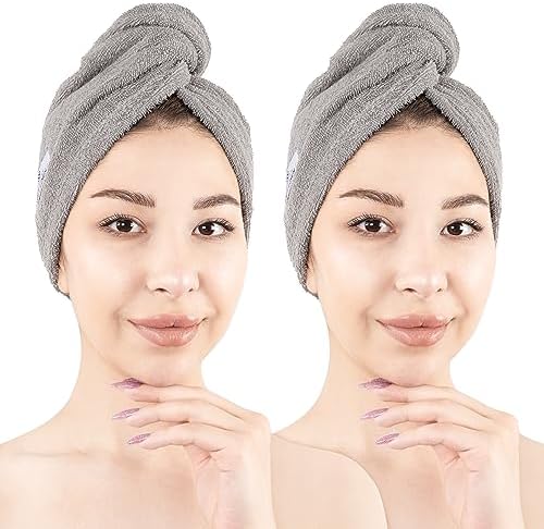 American Soft Linen 100% Cotton Hair Towels for Women, Head Towel Cap, Cotton Hair Turban Towel Wrap for Long Curly Anti Frizz Hair, Soft and Absorbent Cotton Hair Towels 2 Pack, Light Gray by AmericanSoftLinen