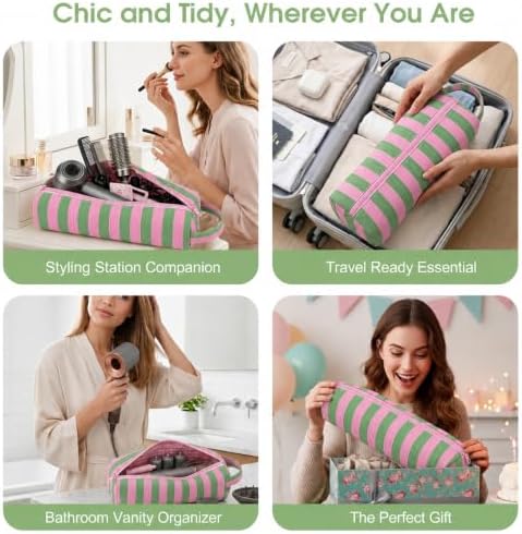 Striped Hair Tools Travel Bag Compatible with Dyson Airwrap & Shark FlexStyle, Portable Cute Hair Tool Organizer Case for Curling Iron, Flat Iron & Styling Accessories (Pink&Green) - Image 5