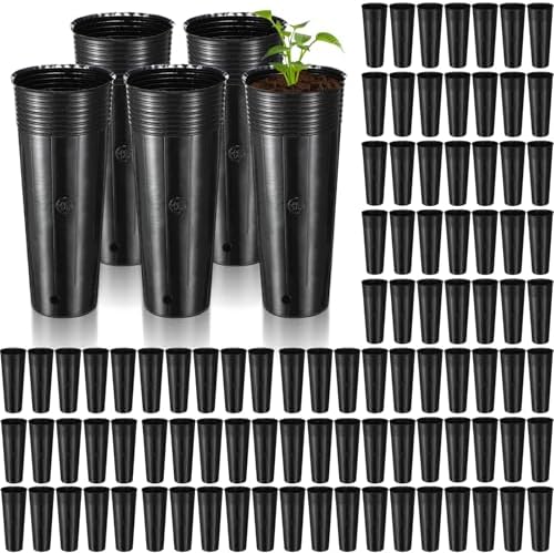 100 Pack Tall Tree Pot 11.8'' x 4.7'', Black Plastic Deep Nursery Pots, Soft Deep Seedling Pots for Seed Starting, Plant Starter Cups with Drainage Holes for Flowers, Cutting & Transplanting by Ferrochef