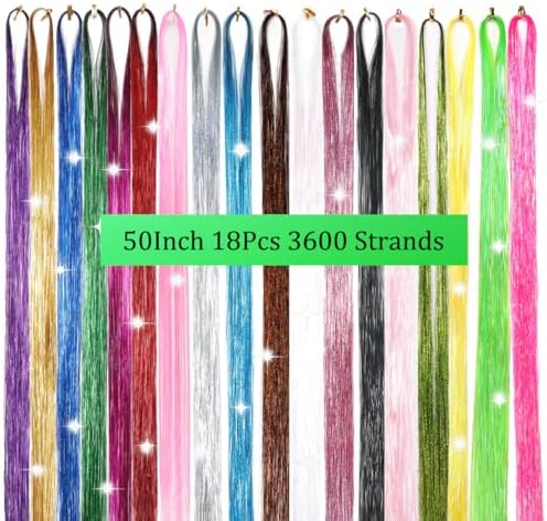 Hair Tinsel 50Inch 18 Colors 3600 Strands Glitter Tinsel Hair Extensions Sparkly Shiny Fairy Hair for Kids Women(Mixed 18 colors, 50Inch 18Packs) - Image 2
