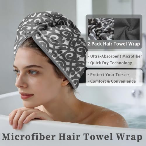 VOOVA & MOVAS Microfiber Hair Towel 2 Pack,Vine Gray,Anti-Frizz Turban - Image 3