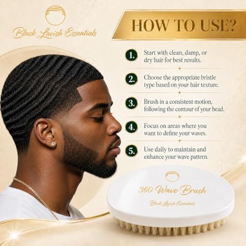 360 Wave Brush, Build Deeper Waves, Soft & Hard Boar Bristle, Curved Design, Black Lavish Essentials Signature (Soft Brush, White) - Image 4