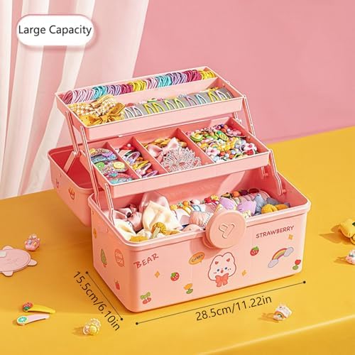 Hair Accessories Organizer for Girls Headbands, Clips, Ties,Baby Girl Supplies, Lockable Three-layer Folding Craft Organizers and Storage Plastic Kids Jewelry Box, Birthday Gifts for Little Girls - Image 6
