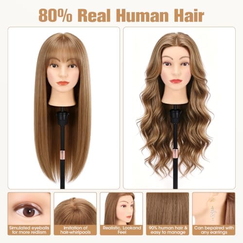 26'' Human Hair Mannequin Head,80% Mocha Brown Real Hair Mannequin Head,Cosmetology Manikin Head Doll Hair Styling Hairdressing Practice Training Wig Head with Clamp Holder and Tools - Image 4