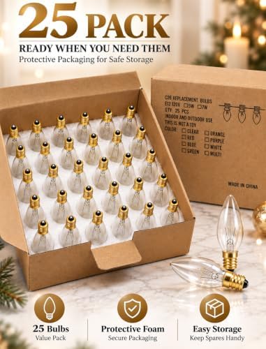 25 Pack Candle Light Bulbs,Crystal Clear Torpedo Tip Candelabra Replacement Bulbs Fit C7/E12 Candelabra Base,7 Watt C26 Replacement Night Light Bulb for Electric Window Candle Lights - Image 3