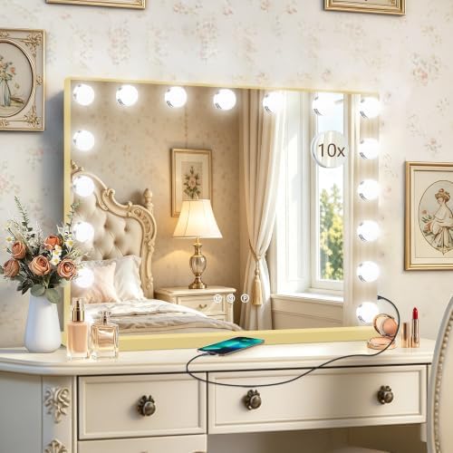 Ratsamee Gold Hollywood Vanity Mirror with Lights, 17 Dimmable Bulbs, 3 Color Lights,Make Up Lighted Mirror, Aluminum Metal Frame, USB Charging Port（28" x 20"） by RATSAMEE