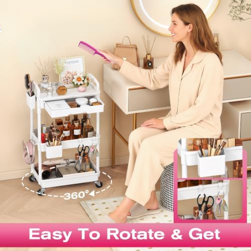 Goovilla Rolling Makeup Organizer Cart with Removable Drawer, 3 Tier White - Image 5