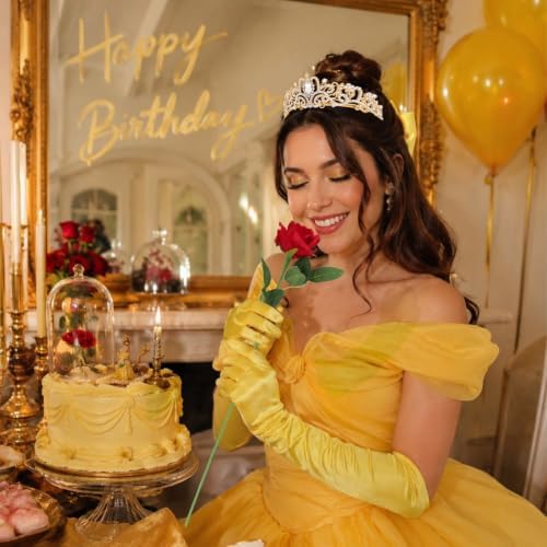 Princess Costume Accessories Crown Rose Hair Bow Yellow Gloves Kit - Image 5