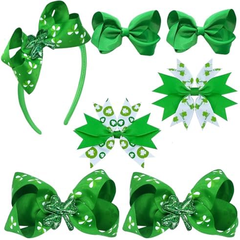 7PCS Lucky Shamrock Hair Accessories - Hair Bows Clips and Costume Accessories for Girls and Women by JUCCPUL