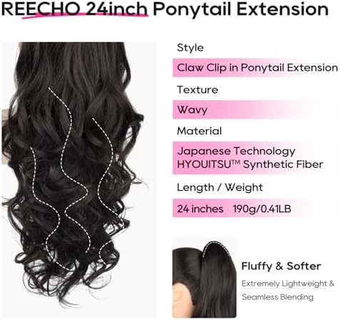 REECHO Ponytail Extension, 24" Claw Clip in Ponytail Extension Long Curly Wavy Ponytail Hair Extension Jaw Clip on Pony Tails Hairpiece for Women - Black Brown - Image 2