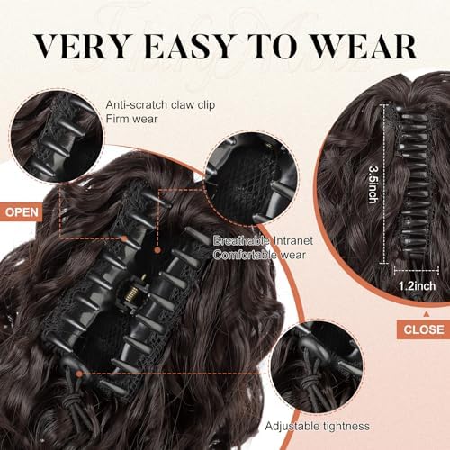 Flufymooz Ponytail Extension, 12" Short Claw Ponytail Extension Wavy Curly Jaw Clip in Pony tails Hair Extension Natural Synthetic Hairpiece for Women (Dark Chocolate Brown) - Image 4