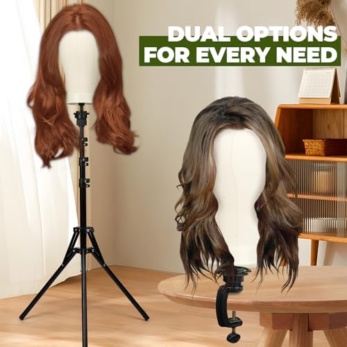 Wig Stand Tripod Metal Adjustable Mannequin Head Stand - Mannequin Wig Head with Mount Hole, Manikin Head for Wigs Making, Drying, Styling and Display - Wigs Shampoo & Milk Spray T Pins Hair Cap Set - Image 3