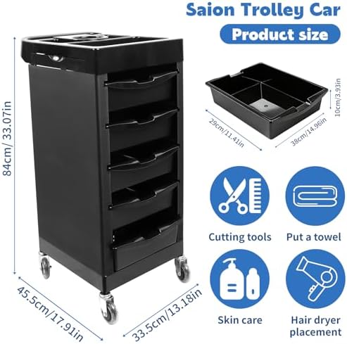 EBANKU Salon Beauty Rolling Trolley Cart Black Hair Salon Storage - Image 2