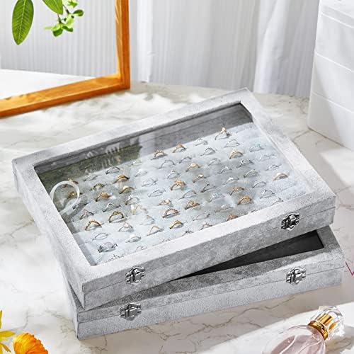 Yinkin 2 Pcs 100 Slots Ring Organizer Box with Transparent Glass Lid Necklace Display Tray Ring Case Velvet Jewelry Holder (Gray) - Image 5