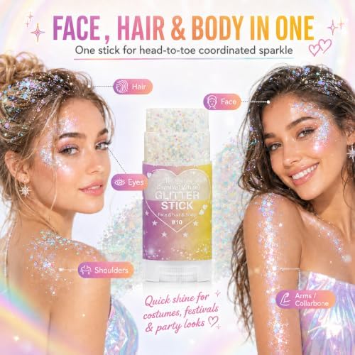 Iridescent White Glitter Stick for Hair Face & Body, Waterproof Chunky Glitter Makeup for Kids and Women, Mermaid Fairy Halloween Costume Outfit Accessories for Festival Rave Concert Carnival Party - Image 6