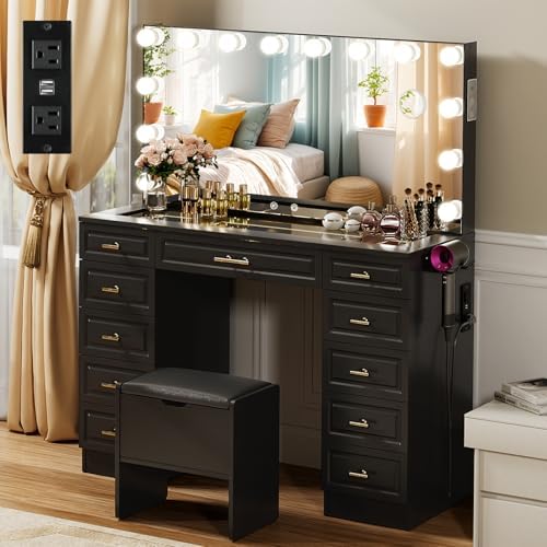 VOWNER Vanity with Lighted Mirror, Makeup Vanity Desk w/Bluetooth Speaker by VOWNER