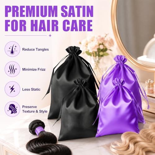 4-Pack Satin Wig Bags with Drawstrings, Purple & Black Storage Pouches Silk Hair Storage Bags for Multiple Wigs, Hair Extensions, Weave Bundles, and Braids, Gift & Travel Bag Storage Sacks - Image 4