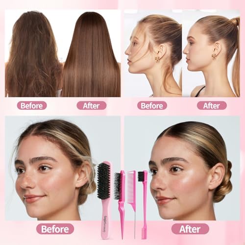 Boar Bristle Slick Back Hair Brush for Smooth Flyaways, Frizz, Sleek Ponytail, Buns and Edge Baby Hair, Teasing | Hair Comb, Edge Brush, Teasing Brush Styling Accessories for Kids, Women & Men (Pink) - Image 4