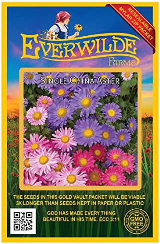 Everwilde Farms - 500 Single Mixed China Aster Wildflower Seeds - Gold Vault Jumbo Seed Packet by Everwilde+Farms