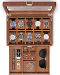 VLANDO Watch Box for Men, 10-Slot 2-Layer Watch Case with Glass Lid, Lockable Textured Leather Display Organizer with Drawer for Rings Glasses Cufflinks, Watch Holder for Dad Husband Collector, Brown by VLANDO