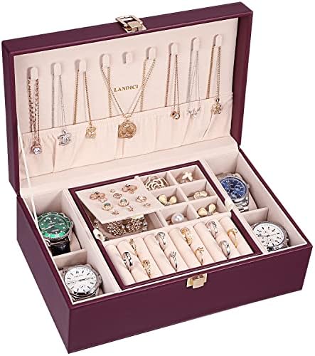 LANDICI 2-Layer Jewelry Box with 4 Watch Slots, Pink by LANDICI