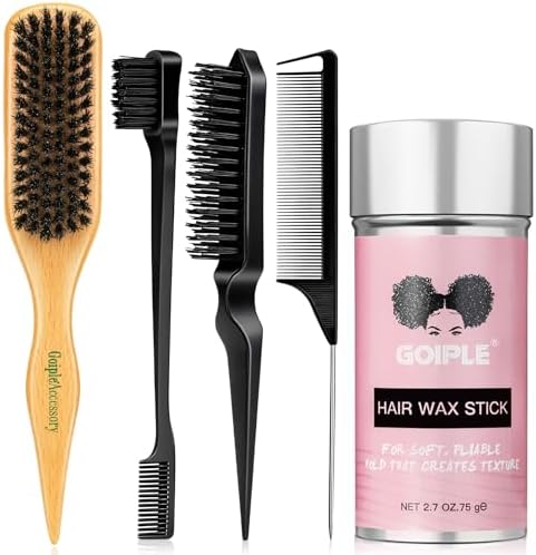 Slick Back Hair Brush Set Teasing Boar Bristle Brush, Hair Wax Stick, Edge Brushes, Rat Tail Comb, Teasing Comb, Wooden Slickback Hairbrush Accessories, Smoothing Combs for Women & Kids (5PCS) by Goiple