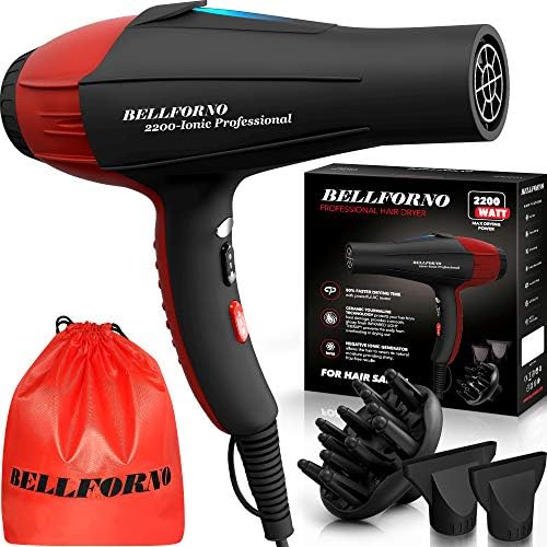 Professional Ionic Curly Hair Dryer with Diffuser, Black/Red by BELLFORNO