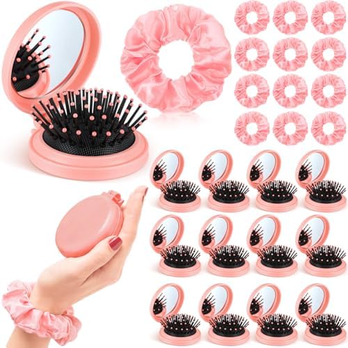 Sliner 24 Pcs Mini Hair Brush with Mirror and Scrunchies, Pink by Sliner