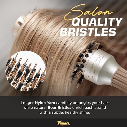 Fagaci Small Round Brush for Blow Drying with Natural Boar Bristle, Hair Styling, Drying, Healthy Hair and Add Volume, Ceramic Gold, Hair Brush + 4 Styling Clips - Image 3