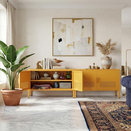 Wide Metal TV Stand with Ventilated Mesh Doors and Adjustable Shelf, Low Media Console Accent Cabinet Locker, Yellow Multifunctional 2 Door Cabinet for Living Room Bedroom Home Office - Image 7