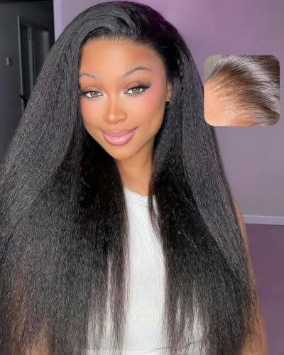 BEEOS Kinky Straight 13x6 SKINLIKE Real HD Lace Frontal Wig, 250% Density Pre-Plucked Bleached Knots Ultra-fitted Wig Cap Human Hair Wig 30 Inch by BEEOS