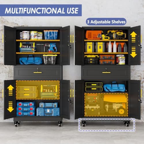 74" Metal Garage Storage Cabinet with Wheels and Locking Doors - Image 4