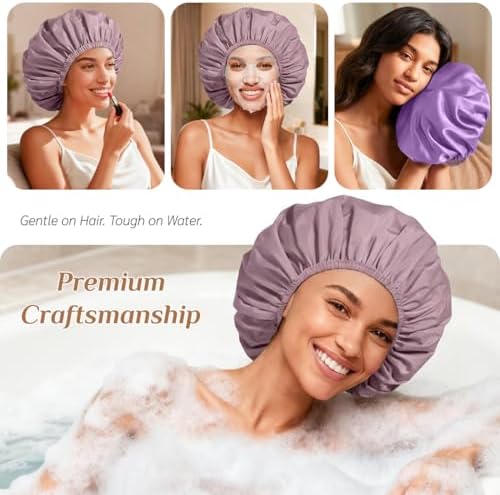 Extra Large Waterproof Shower Cap for Women, Double Layer Satin Lined Hair Bonnet for Curly Hair, Reusable Bath Cap with Elastic Edge for Long Thick Hair (Purple) - Image 4