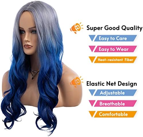 Long Curly Wavy Silver Grey to Blue Wig Middle Part Natural Looking Synthetic Cosplay Wig for Women - Image 2
