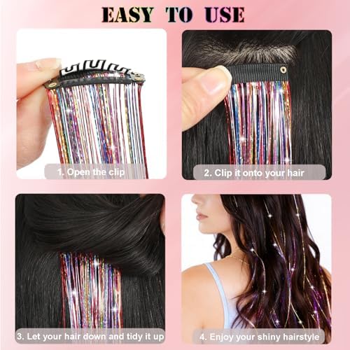 Hair Tinsel Kit 18 Pcs Hair Tinsel Clip in Fuller Sparkle, Heat Resistant Clip in Glitter Tinsel Hair Extensions Fairy Silver Hair Accessories for Women Girls Daily Party Festival (Silver) - Image 6