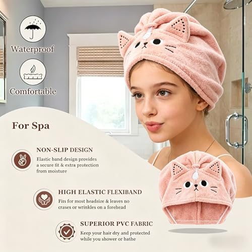 2 Pack Cat Microfiber Hair Towel Wrap for Women & Kids, Super Absorbent Hair Turban with Button, Soft Hair Drying Cap for Curly/Thick/Long Hair, Head Towel Wrap for Hair Care - Image 2