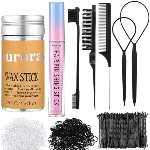 7Pcs Hair Finishing Stick Set with 1Pcs Slick Back Brush,1Pcs Fly Away Stick for Hair,50PCS Bobby Pins,400Pcs Elastic Rubber Bands by auroray