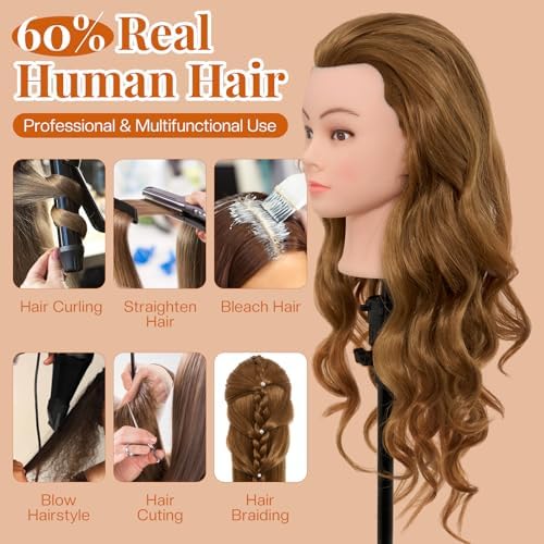 28Inch Mannequin Head with 80% Real Human Hair - Doll Head for Hair Styling Braiding Curling,Cosmetology Mannequin Head with hair with Table Clamp Hair Styling Set (Blonde) - Image 6