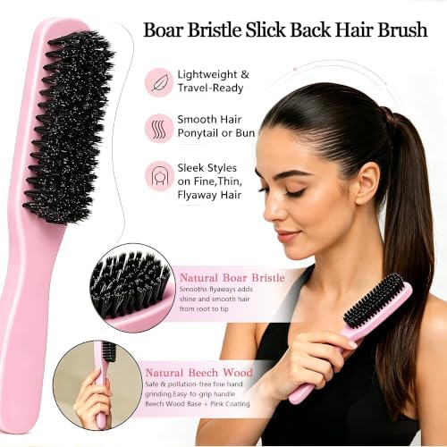 4Pcs Beech Wood Boar Bristle Slick Back Hair Brush Set Pink - Image 3