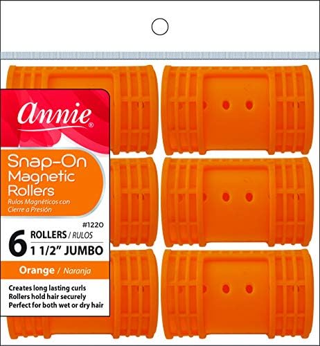 Annie Snap-On Magnetic Hair Rollers – 1 1/2 Inch Jumbo Curlers with Locking Snap-Over Hood – No Pins Needed for Wet or Dry Sets – Orange, 6 Count by AnnieInternational