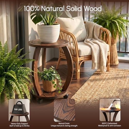 2 Pack 2 Tier Wooden Plant Stand Indoor with Wheels – Tall Plant Stand for 6-12 Inch Pots, Mid-Century Modern Rustic Plant Table Indoor, Pedestal Stand for Corner, Living Room, Balcony - Image 5