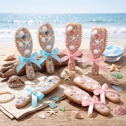 12 Set Wooden Hair Brush Decorating Kit, Ocean Style, Blue and Pink - Image 3