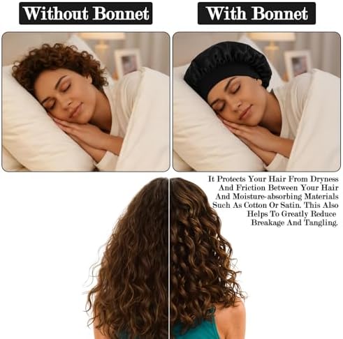 12 Pcs Silk Bonnet for Women Curly Hair Satin Bonnet Hair Wrap for Sleeping Cap with Tie Band Soft and Breathable (Black) - Image 5