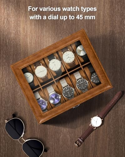 Uten 10-Slot Watch Box, PU Leather Watch Case with Glass Lid, Brown - Image 5
