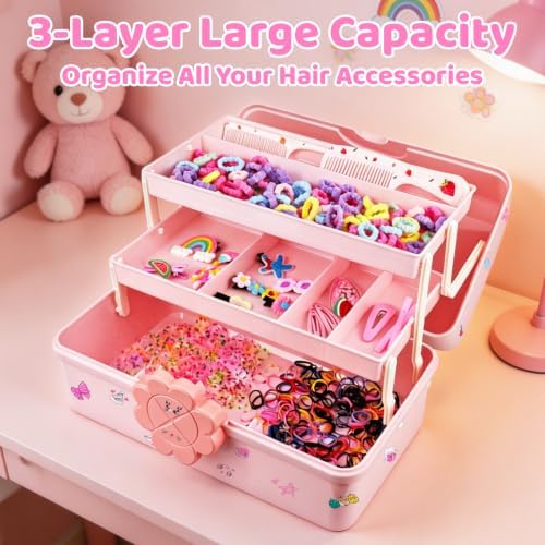 Hair Accessories Organizer, 3-Layer Plastic Storage Box with Handle,Pink - Image 2
