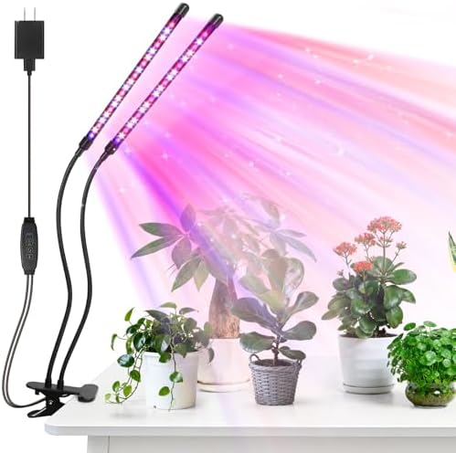 led Grow Lights, 2 Heads Red Blue Plant Light with Clamp for Indoor Plants & Seed Starting, 10-Level Dimmable, Auto On Off, Timing 3 9 12Hrs by Unknown