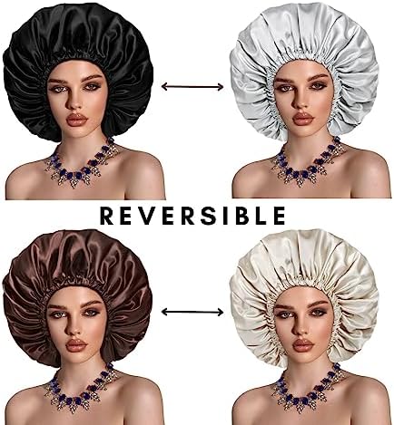 Satin Bonnet Silk Hair Cap: 2pcs Double Layer Reversible Extra Large Jumbo Adjustable Satin Lined Stainless Oversized Bonnets Sleep Night Cap No Slip-Off for Women Braids Sleeping (Black+Coffee) - Image 6