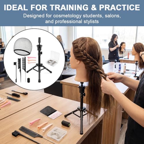 Mannequin Head Stand, 22 '' Height Adjustable Tripod Wig Stands for Styling, Wig Stand Tripod Tool Kit for Cosmetology Hairdressing Training with Caps, Pins, Comb, Hair Clips - Image 4